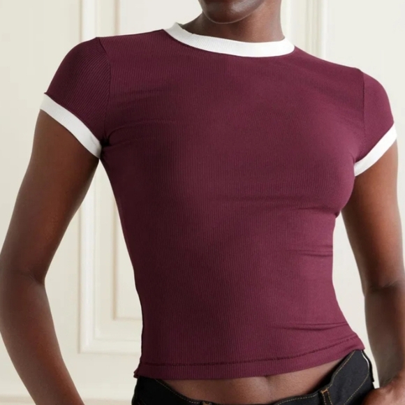 Skims Soft Lounge Ringer Baby Tee Shirt Top T Shirt Maroon Multi XSmall NWT - Picture 1 of 6